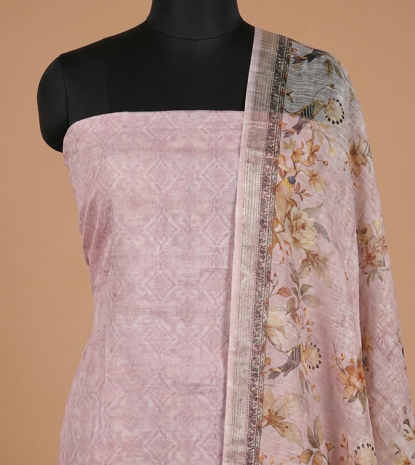 Light Pink Embroidered Silk Linen Unstitched Salwar Kameez