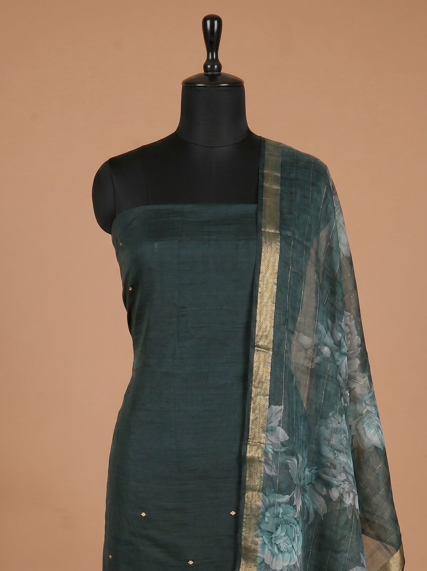 Bottle Green Banarasi Silk Unstitched Salwar Kameez