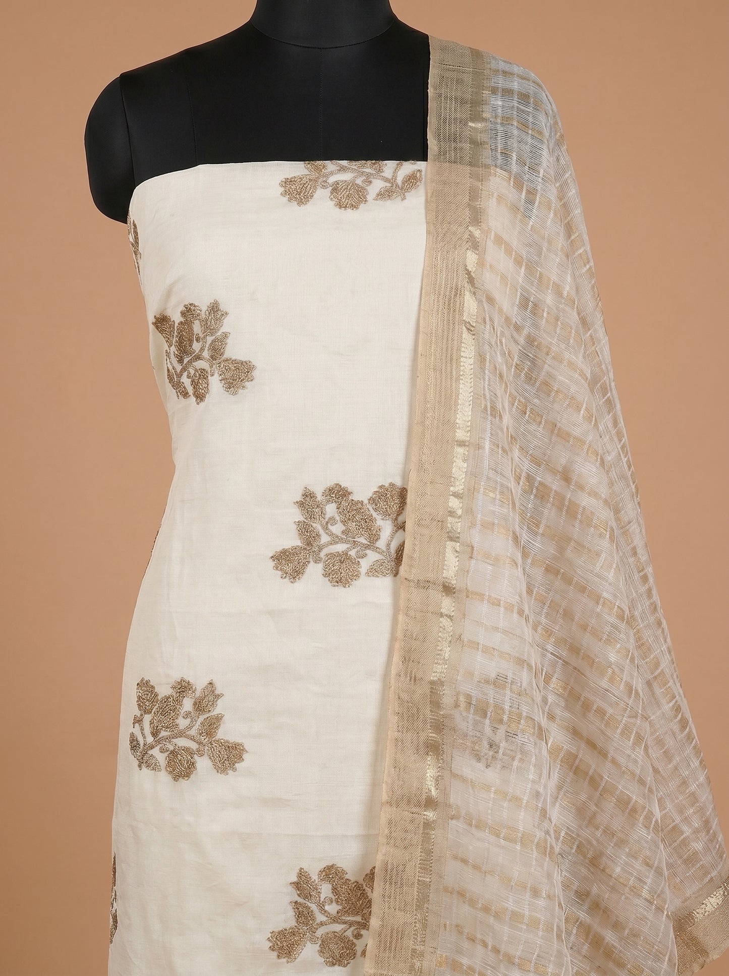 Ivory Appliqué Silk Linen Unstitched Salwar Kameez