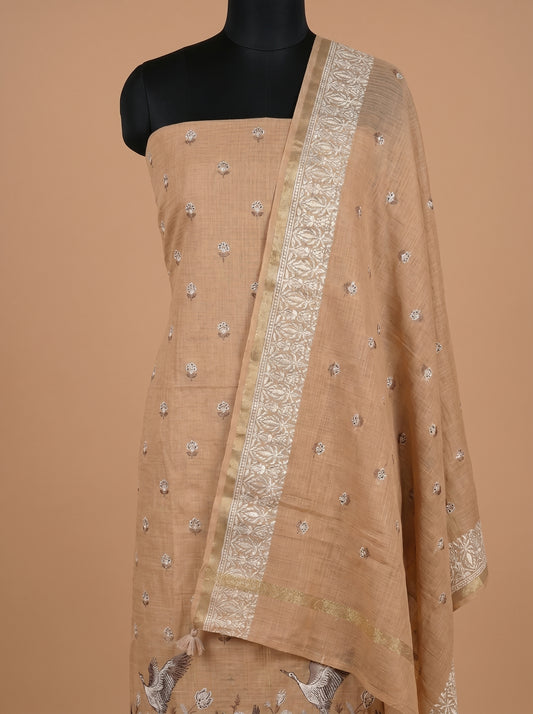 Peach Beige Kota Unstitched Suit Set with Bird Motif Embroidery