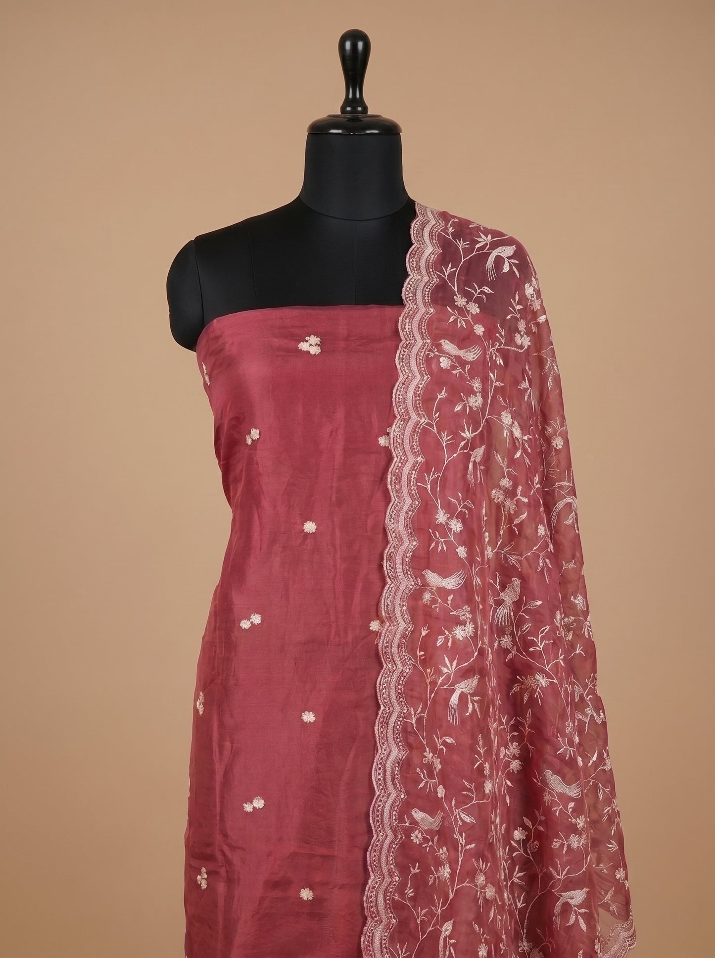 Rose Pink Thread Embroidered Organza Unstitched Salwar Kameez