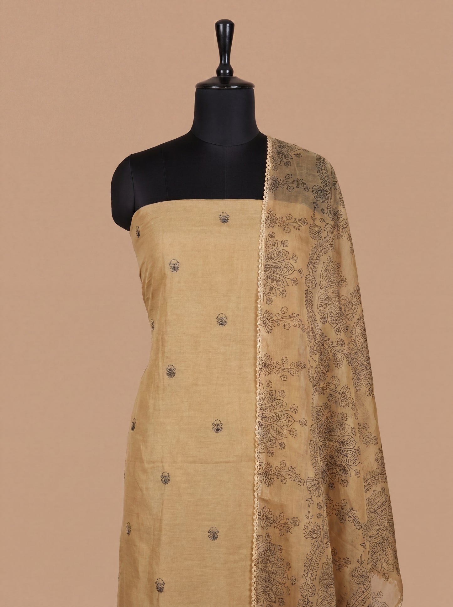 Mustard Chanderi Unstitched Suit Set with Hand Block Organza Dupatta