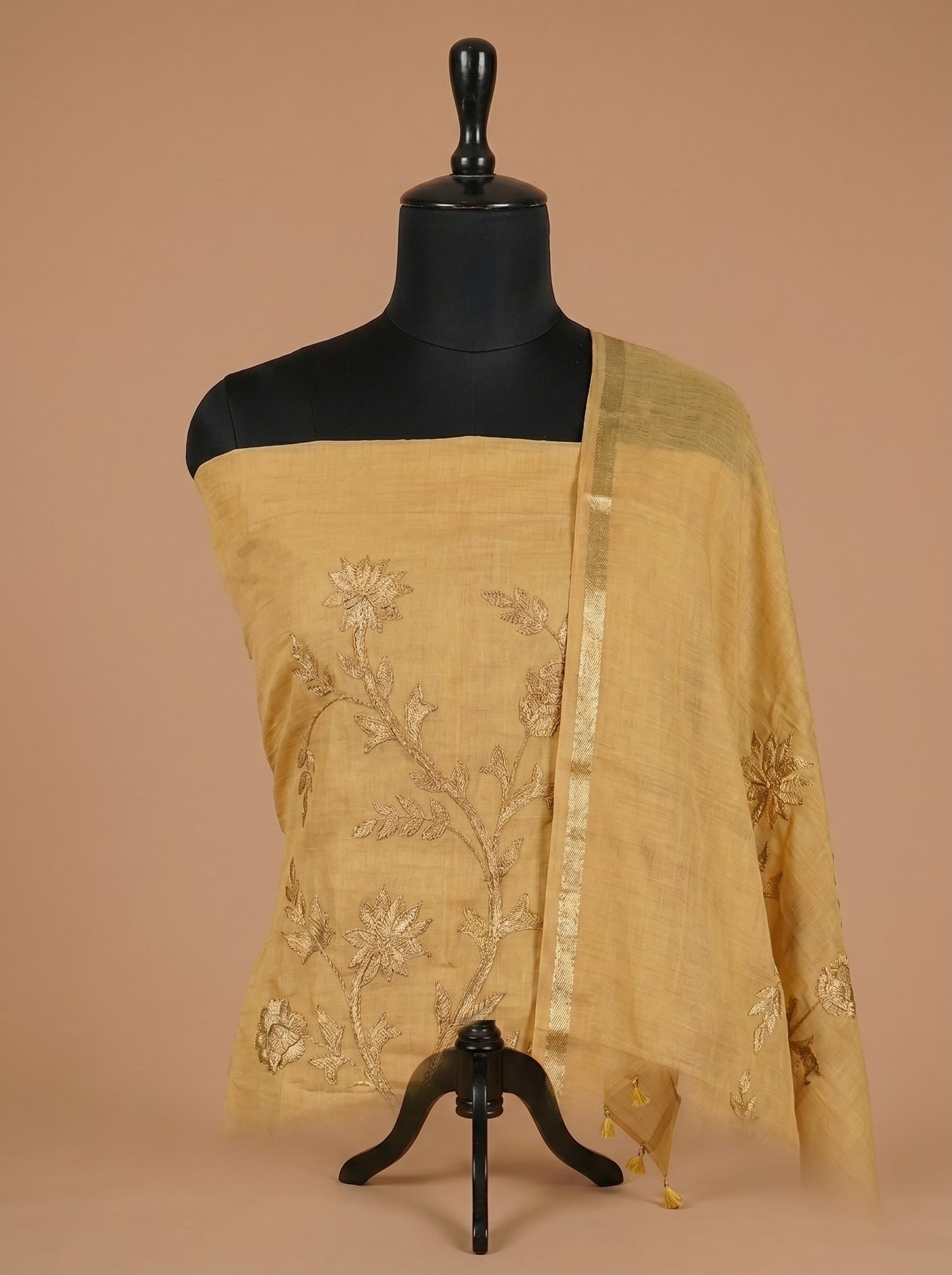 Mustard Yellow Kota Applique Work Unstitched Suit Set