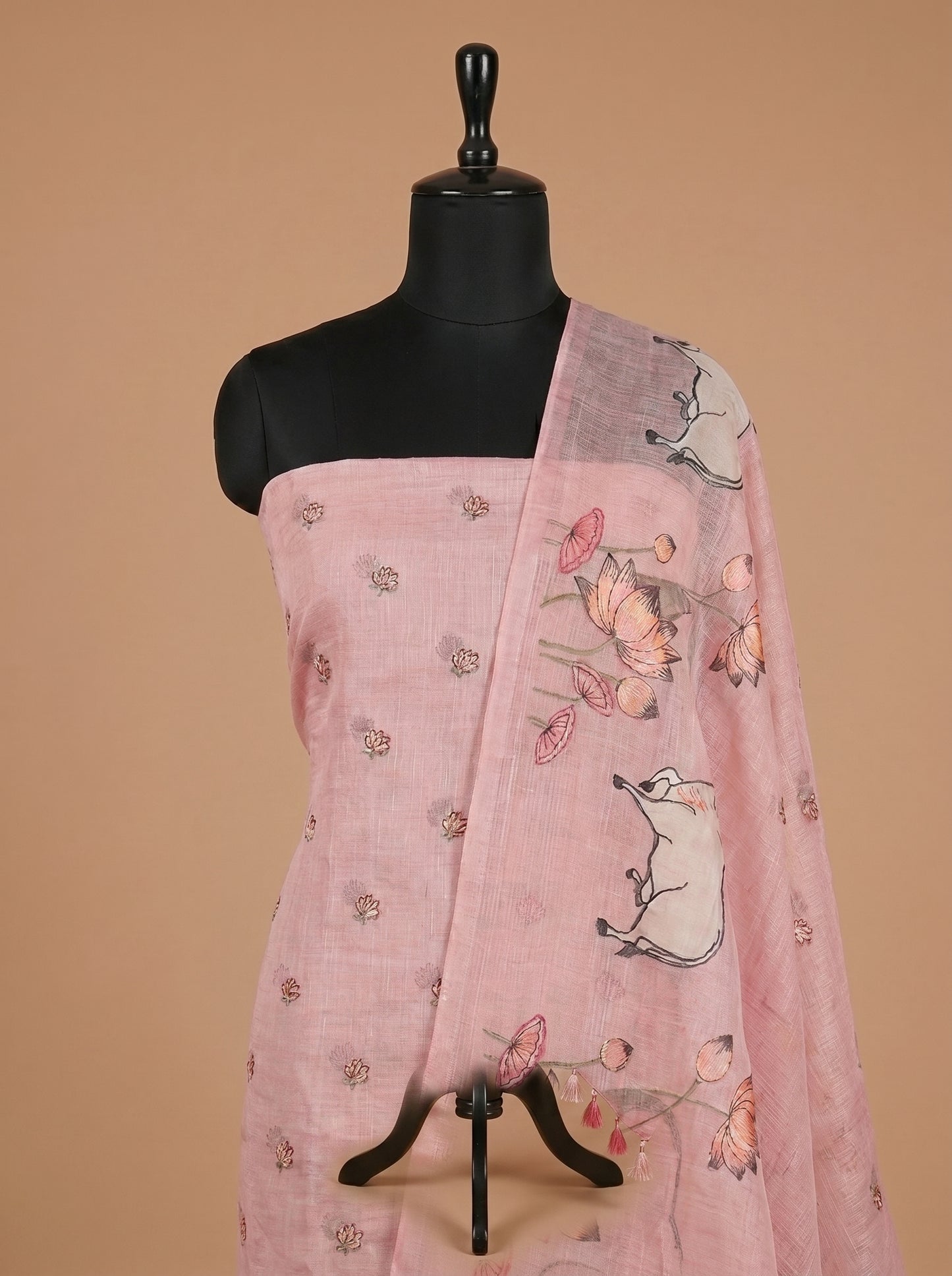 Light Pink Kota Embroidered Unstitched Suit Set with Artistic Dupatta
