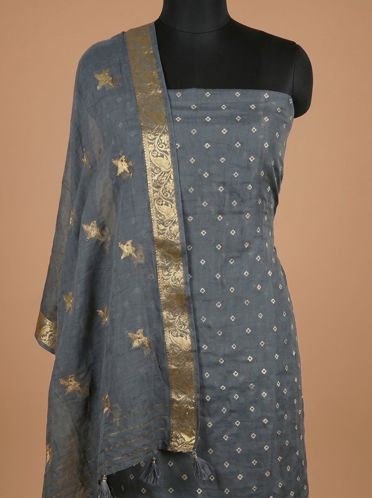 Slate Grey Bandhani Mulmul Cotton Unstitched Suit Set with Bird Motif Dupatta