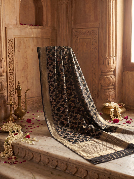 Midnight Black Pure Katan Silk Meenakari Banarasi Suit Set