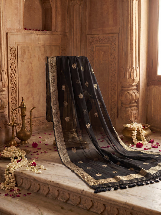 Black Zardozi Embroidered Silk Unstitched Salwar Kameez