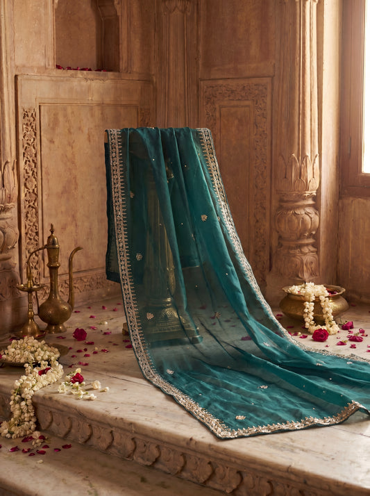 Teal Pure Organza Hand Zardozi Embroidered Unstitched Suit Set