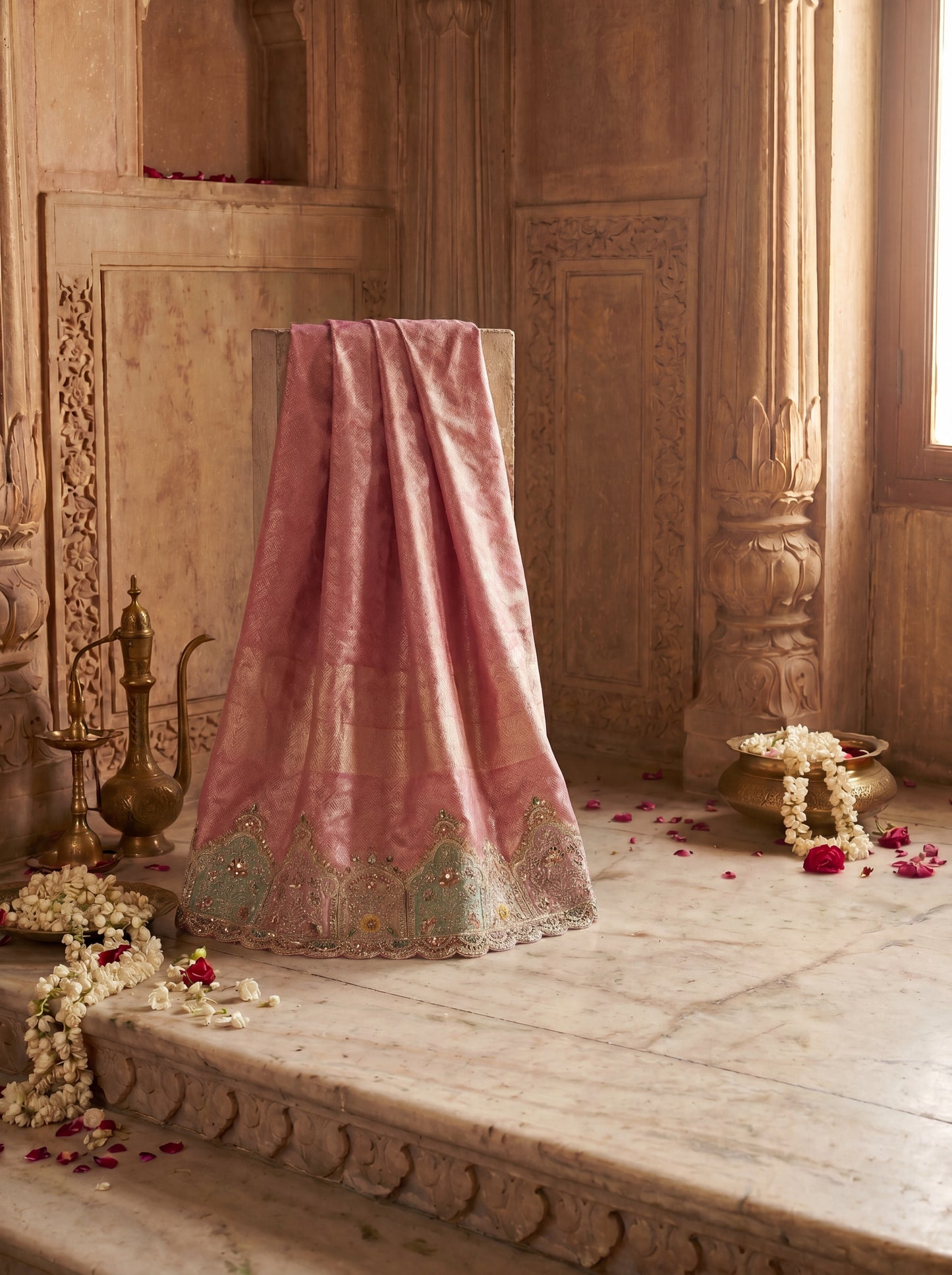 Blush Pink Zardozi Embroidered Kanjeevaram Silk Unstitched Salwar Kameez