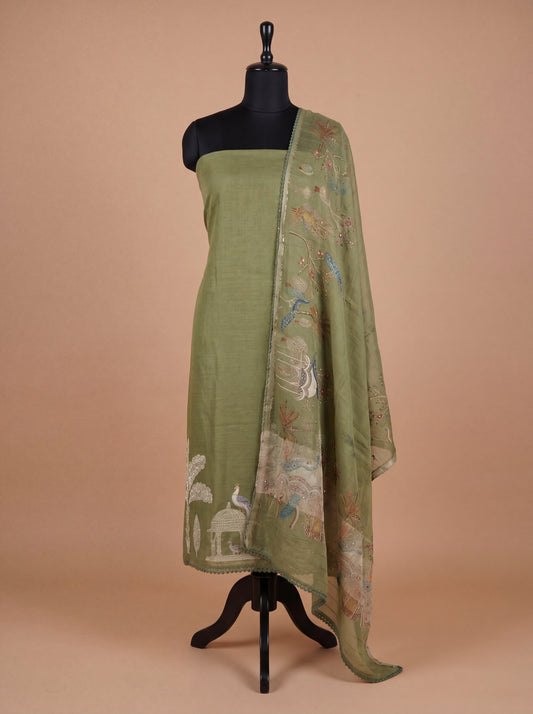 Olive Green Mull Cotton Unstitched Suit Set with Kota Tissue Dupatta