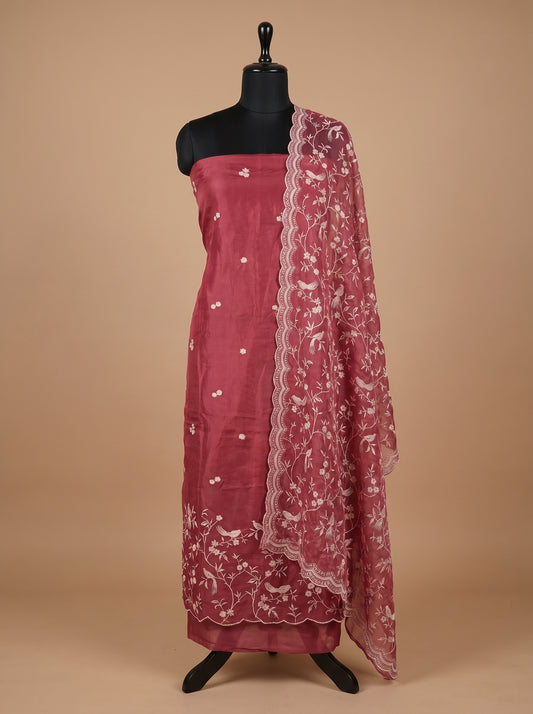 Rose Pink Thread Embroidered Organza Unstitched Salwar Kameez