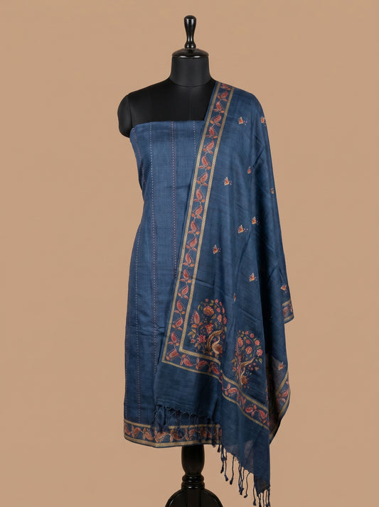 Navy Blue Kantha Embroidered Tussar Silk Unstitched Salwar Kameez