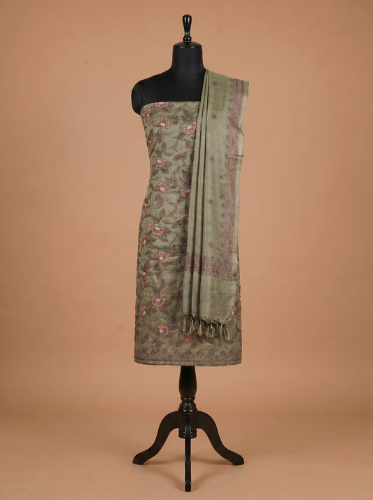 Dusty Green Embroidered Tussar Silk Unstitched Salwar Kameez