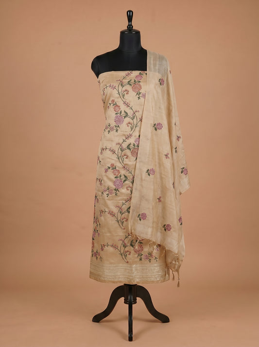 Beige Embroidered Tussar Silk Unstitched Salwar Kameez