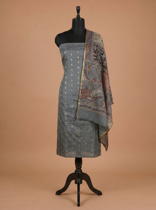 Steel Grey Zari Woven Silk Unstitched Salwar Kameez