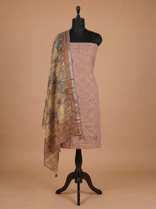 Onion Pink Cotton Linen Deer Motif Unstitched Suit Set