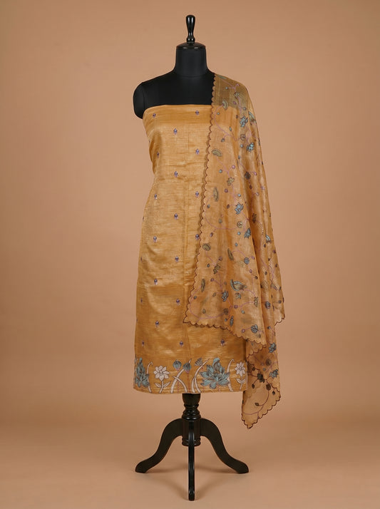 Mustard Linen Tissue Embroidered Unstitched Suit Set