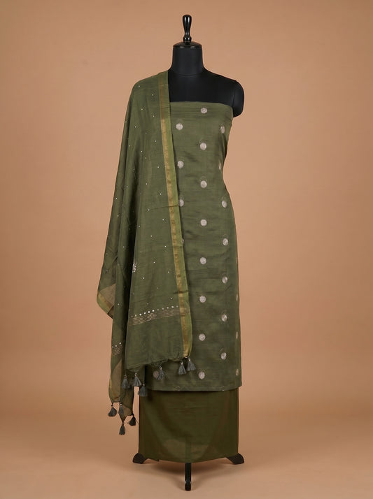 Olive Green Chanderi Silk Unstitched Suit Set with Mukaish Dupatta