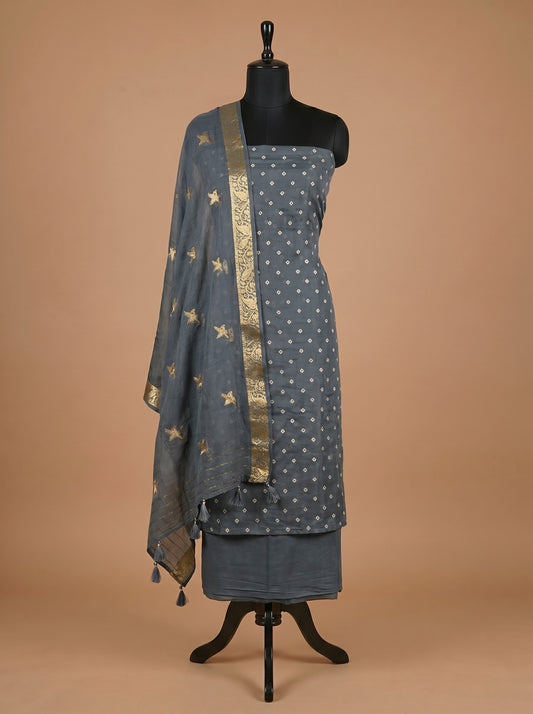 Slate Grey Bandhani Mulmul Cotton Unstitched Suit Set with Bird Motif Dupatta