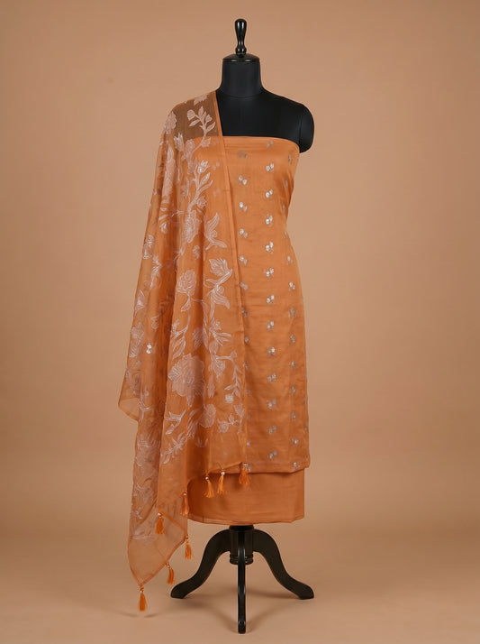 Rust Orange Chanderi Silk Unstitched Suit Set with Floral Organza Dupatta
