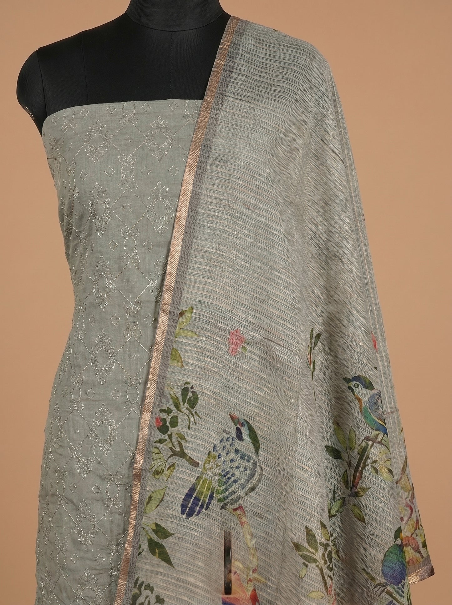 Ash Grey Bandhani Embroidered Mull Cotton Unstitched Salwar Kameez