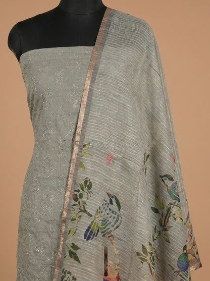 Ash Grey Bandhani Embroidered Mull Cotton Unstitched Salwar Kameez
