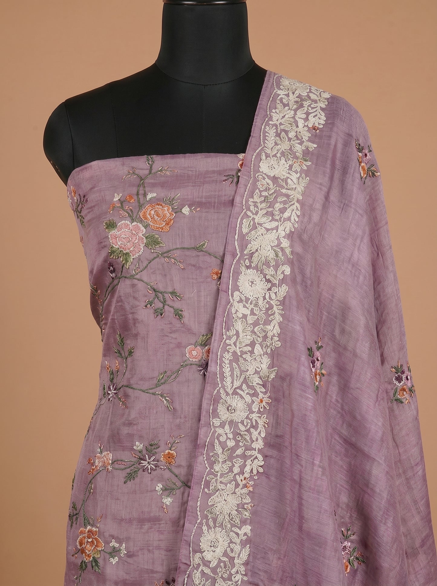 Purple Embroidered Tussar Silk Unstitched Salwar Kameez