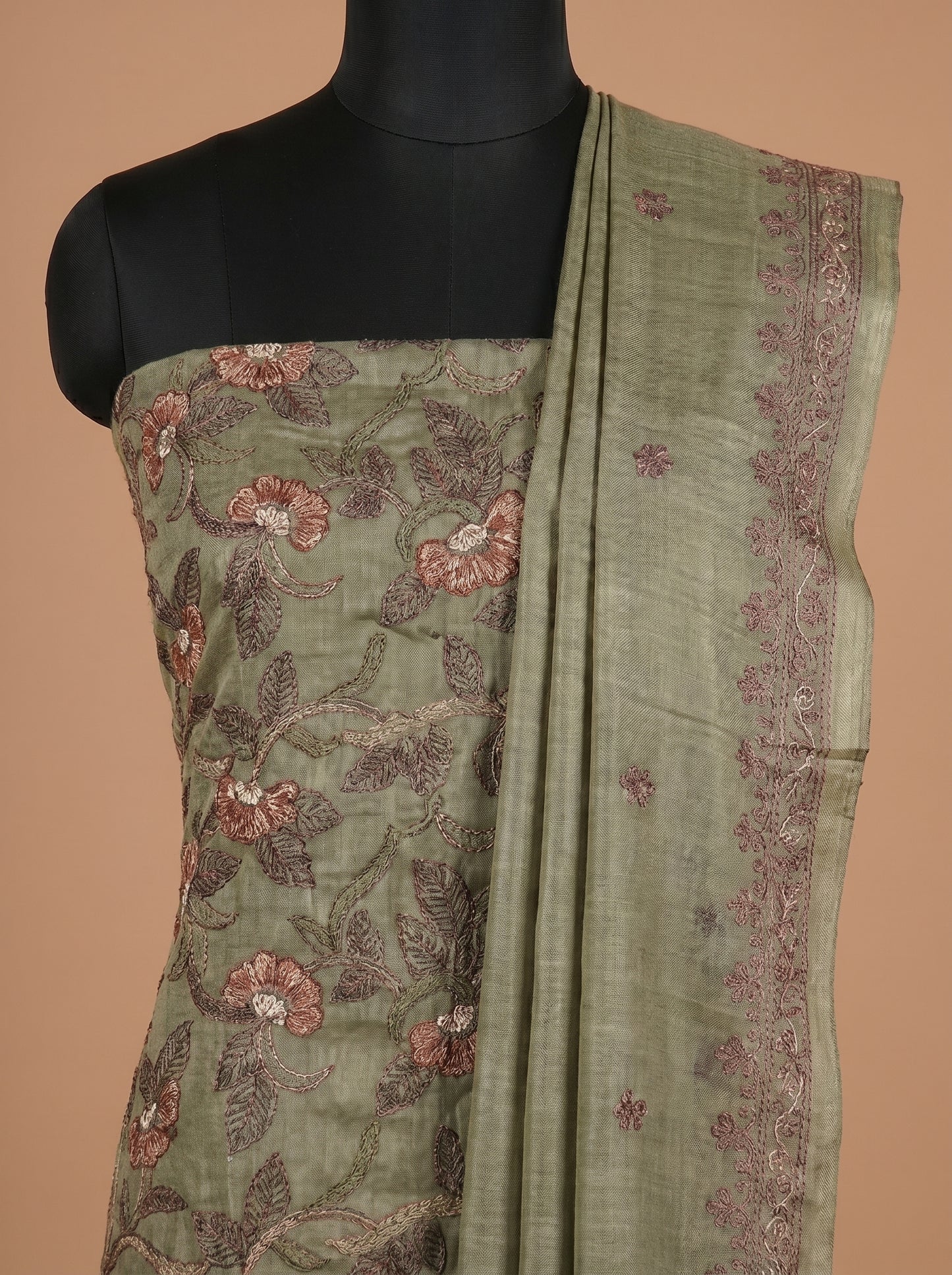 Dusty Green Embroidered Tussar Silk Unstitched Salwar Kameez