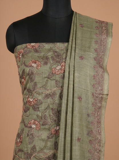 Dusty Green Embroidered Tussar Silk Unstitched Salwar Kameez