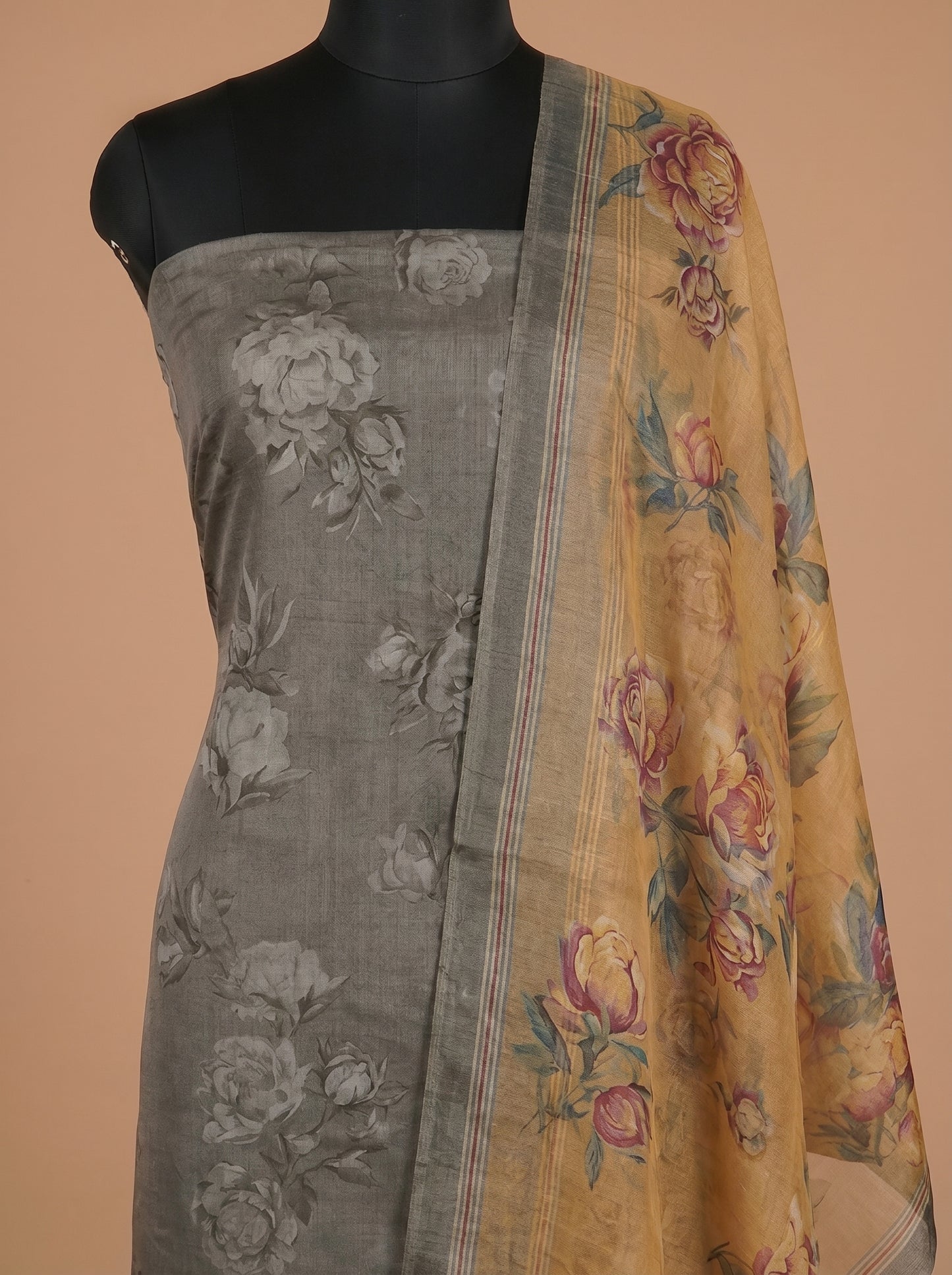 Grey Floral Printed Organza Unstitched Salwar Kameez