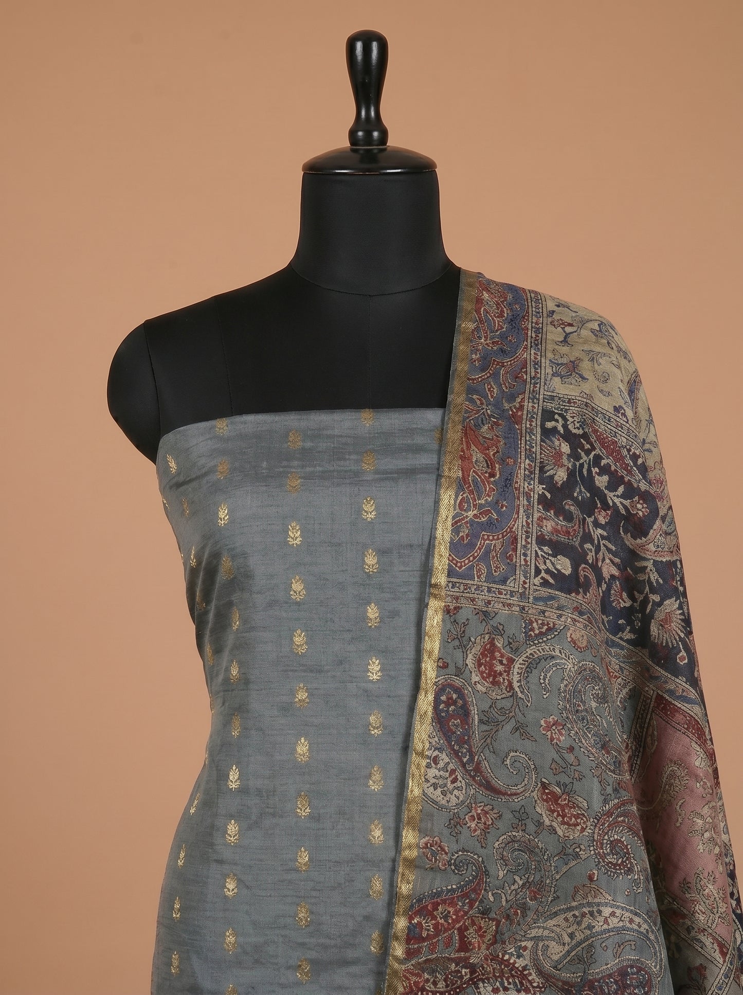 Steel Grey Zari Woven Silk Unstitched Salwar Kameez