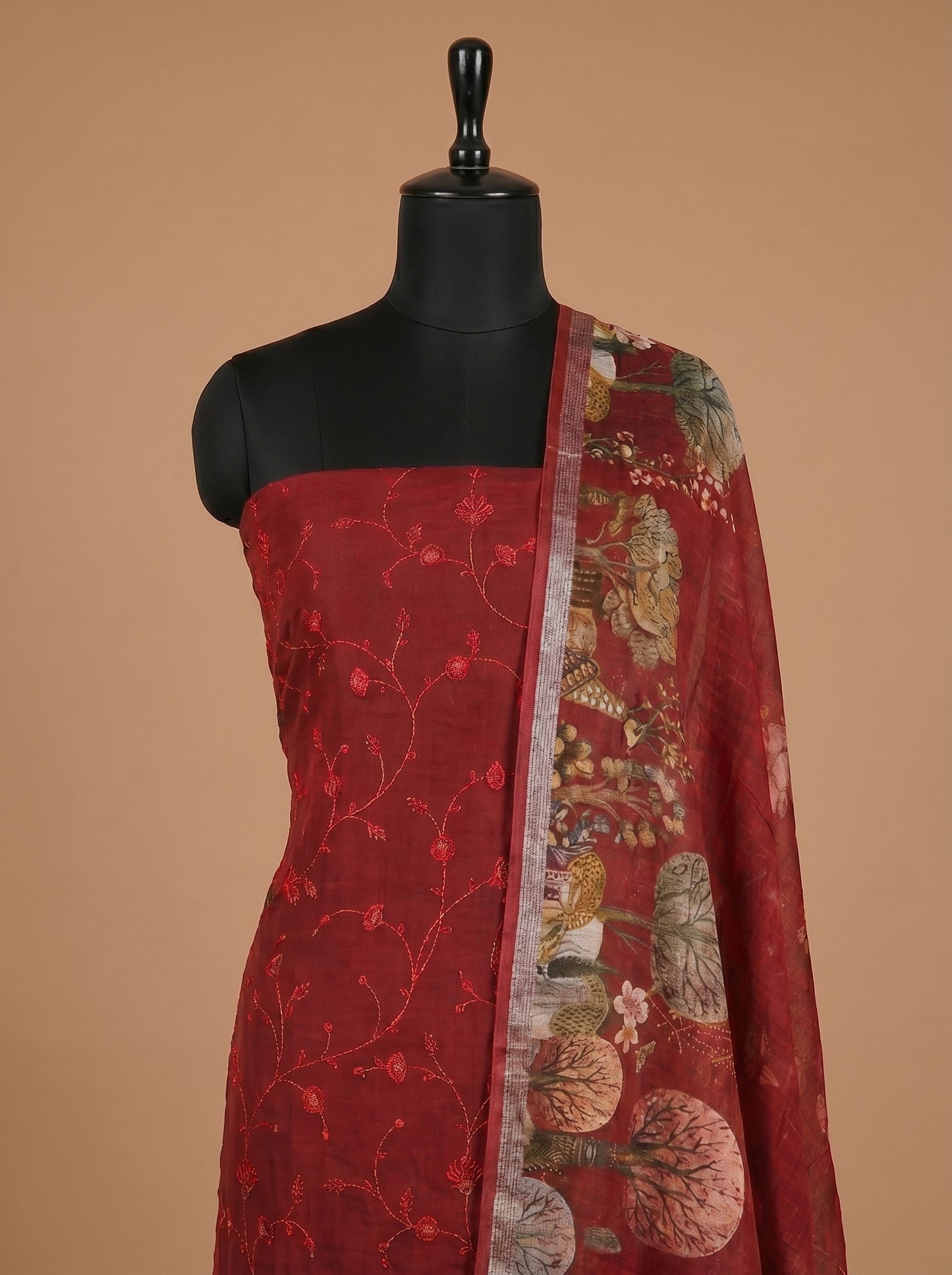 Deep Red Embroidered Cotton Linen Unstitched Salwar Kameez