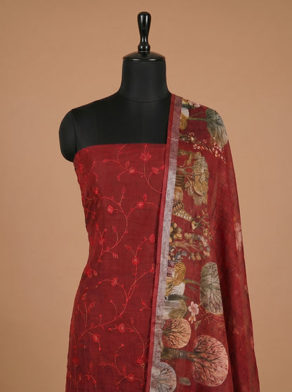 Deep Red Embroidered Cotton Linen Unstitched Salwar Kameez