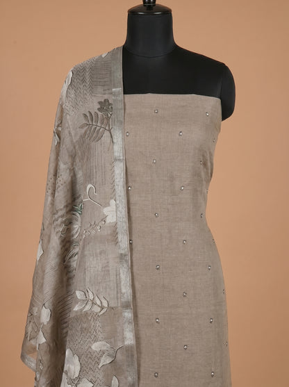 Grey Bird Motif Cotton Linen Unstitched Salwar Kameez