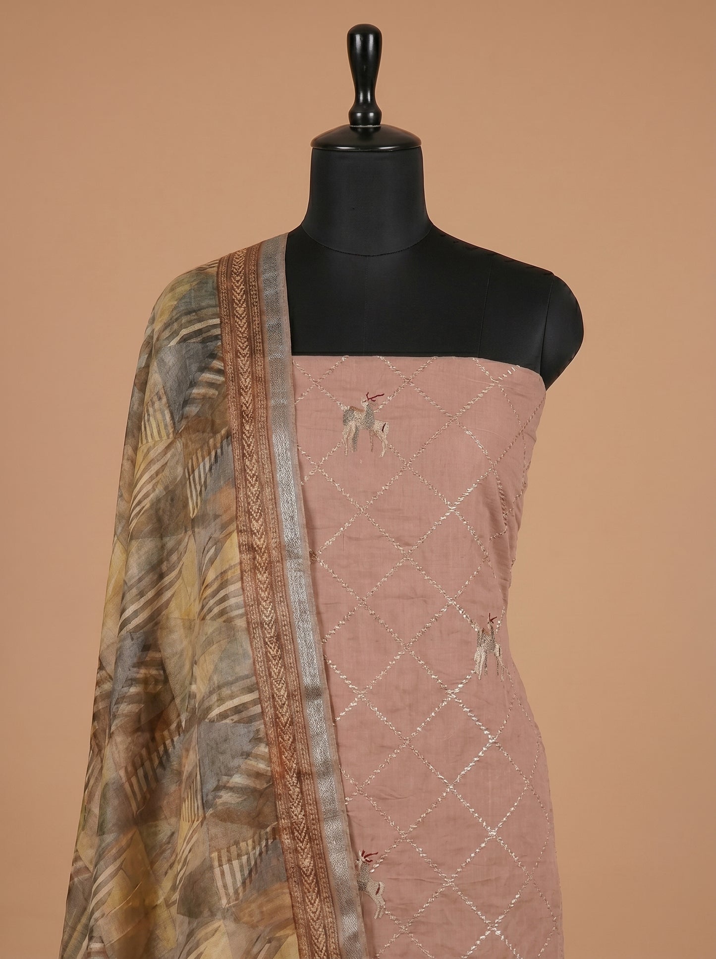 Onion Pink Cotton Linen Deer Motif Unstitched Suit Set