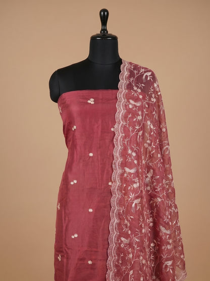 Rose Pink Thread Embroidered Organza Unstitched Salwar Kameez