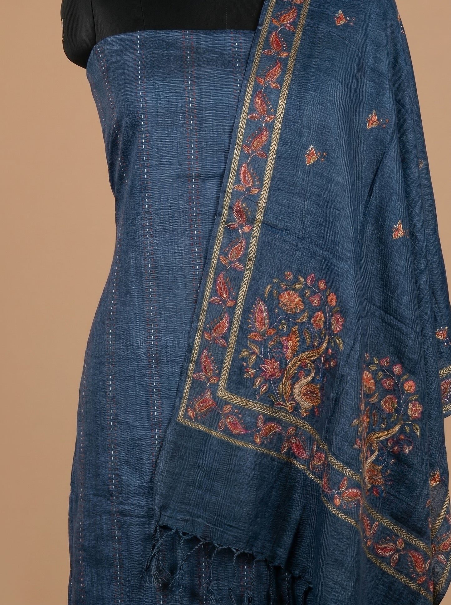 Navy Blue Kantha Embroidered Tussar Silk Unstitched Salwar Kameez