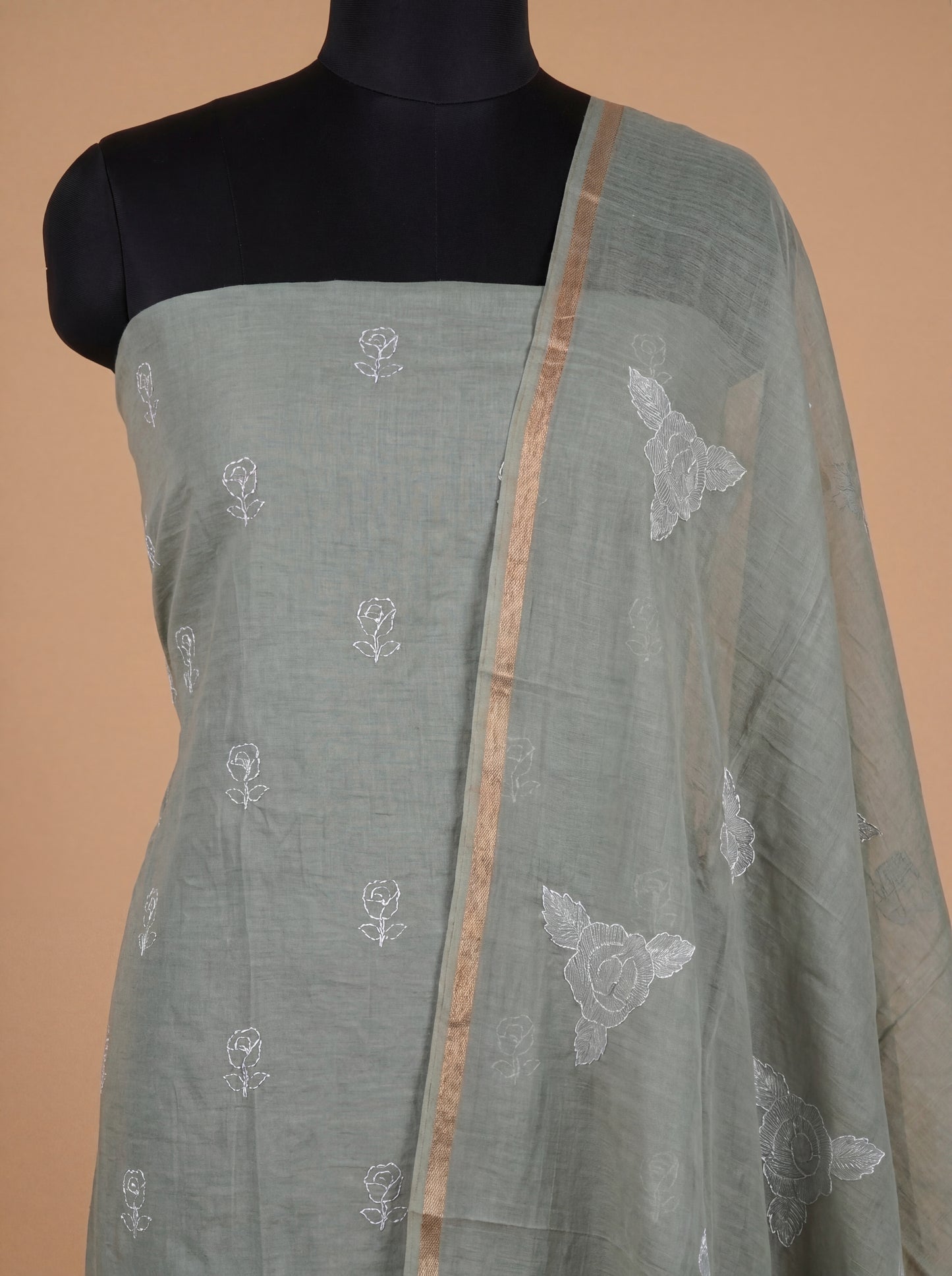 Mint Green Applique Embroidered Mulmul Cotton Unstitched Salwar Kameez