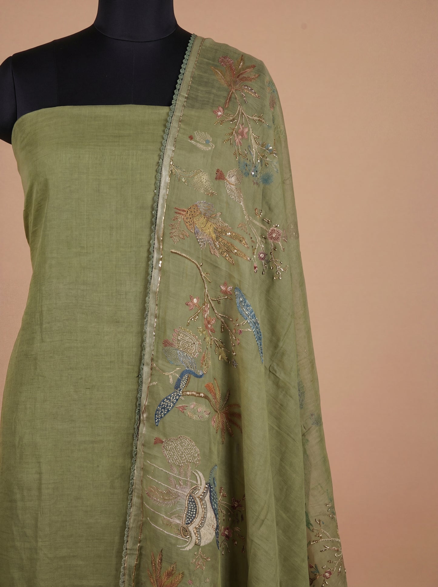 Olive Green Mull Cotton Unstitched Suit Set with Kota Tissue Dupatta