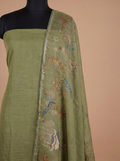 Olive Green Mull Cotton Unstitched Suit Set with Kota Tissue Dupatta