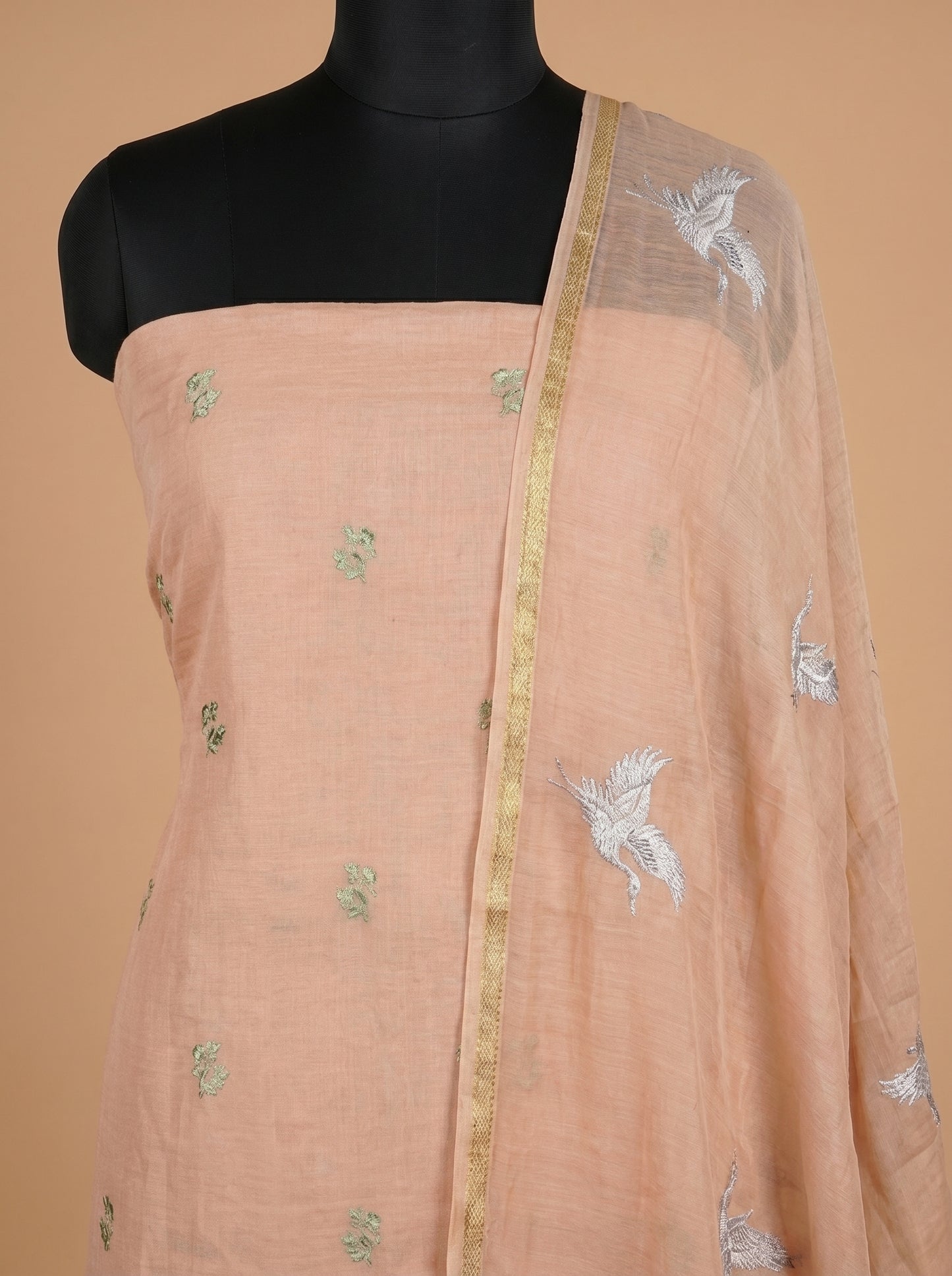 Peach Thread Embroidered Mulmul Cotton Unstitched Salwar Kameez