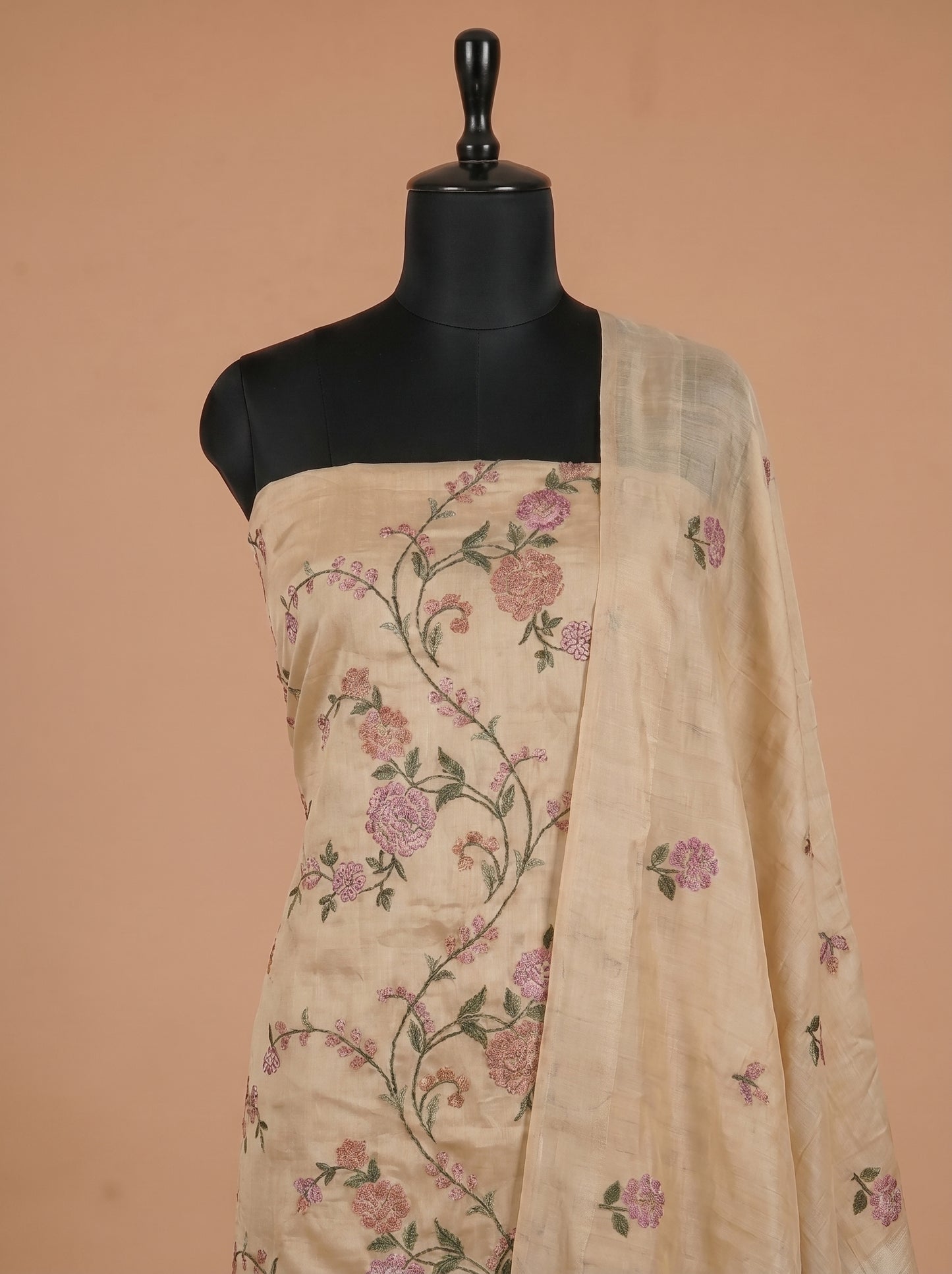 Beige Embroidered Tussar Silk Unstitched Salwar Kameez