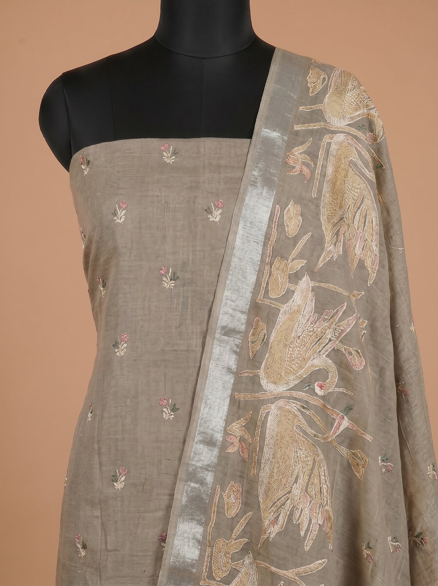 Taupe Cotton Linen Embroidered Unstitched Suit Set with Statement Dupatta