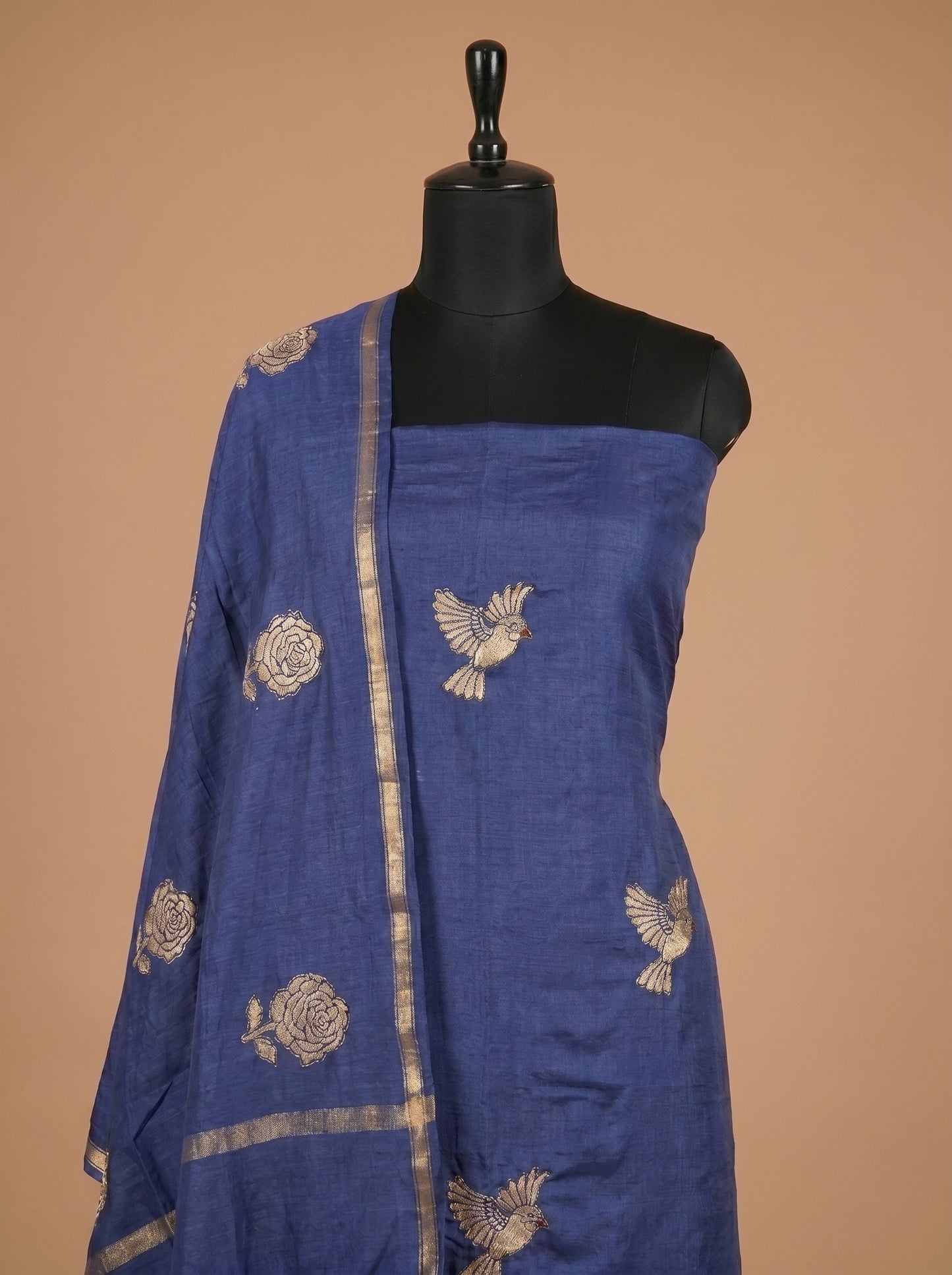 Royal Blue Munga Silk Bird Motif Unstitched Suit Set