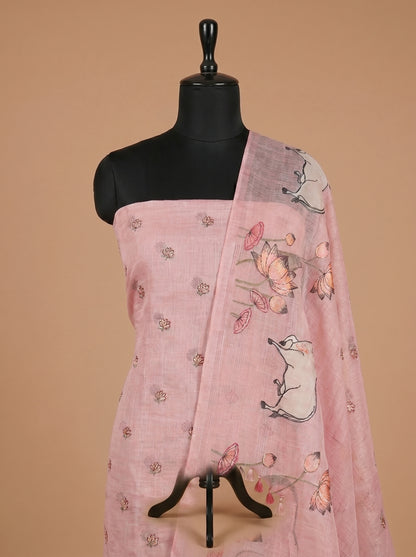 Light Pink Kota Embroidered Unstitched Suit Set with Artistic Dupatta