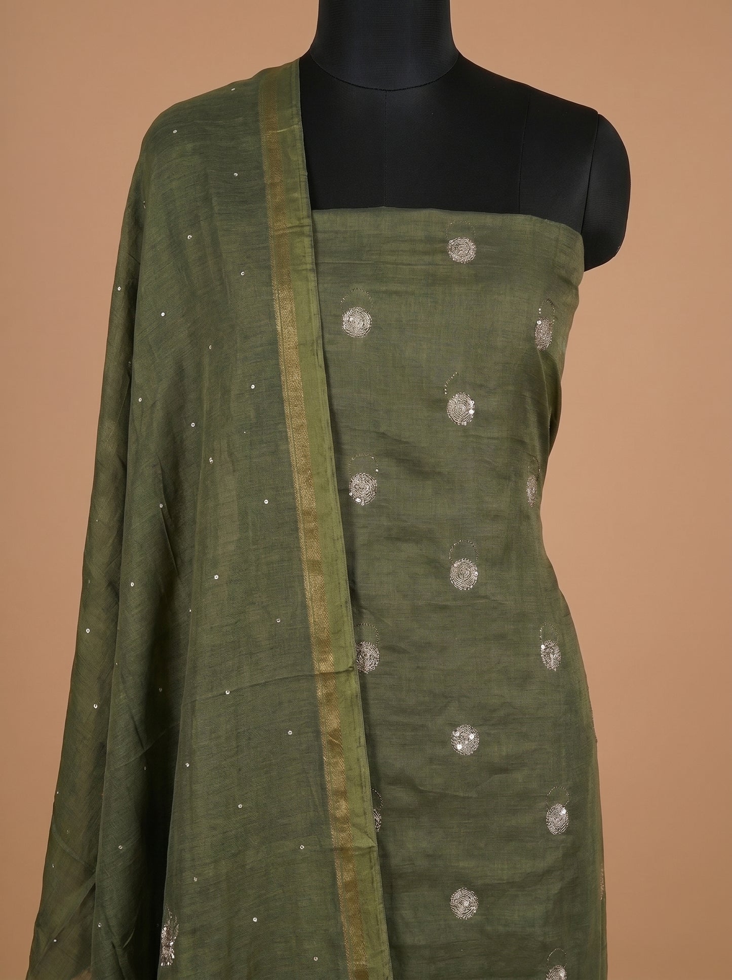 Olive Green Chanderi Silk Unstitched Suit Set with Mukaish Dupatta