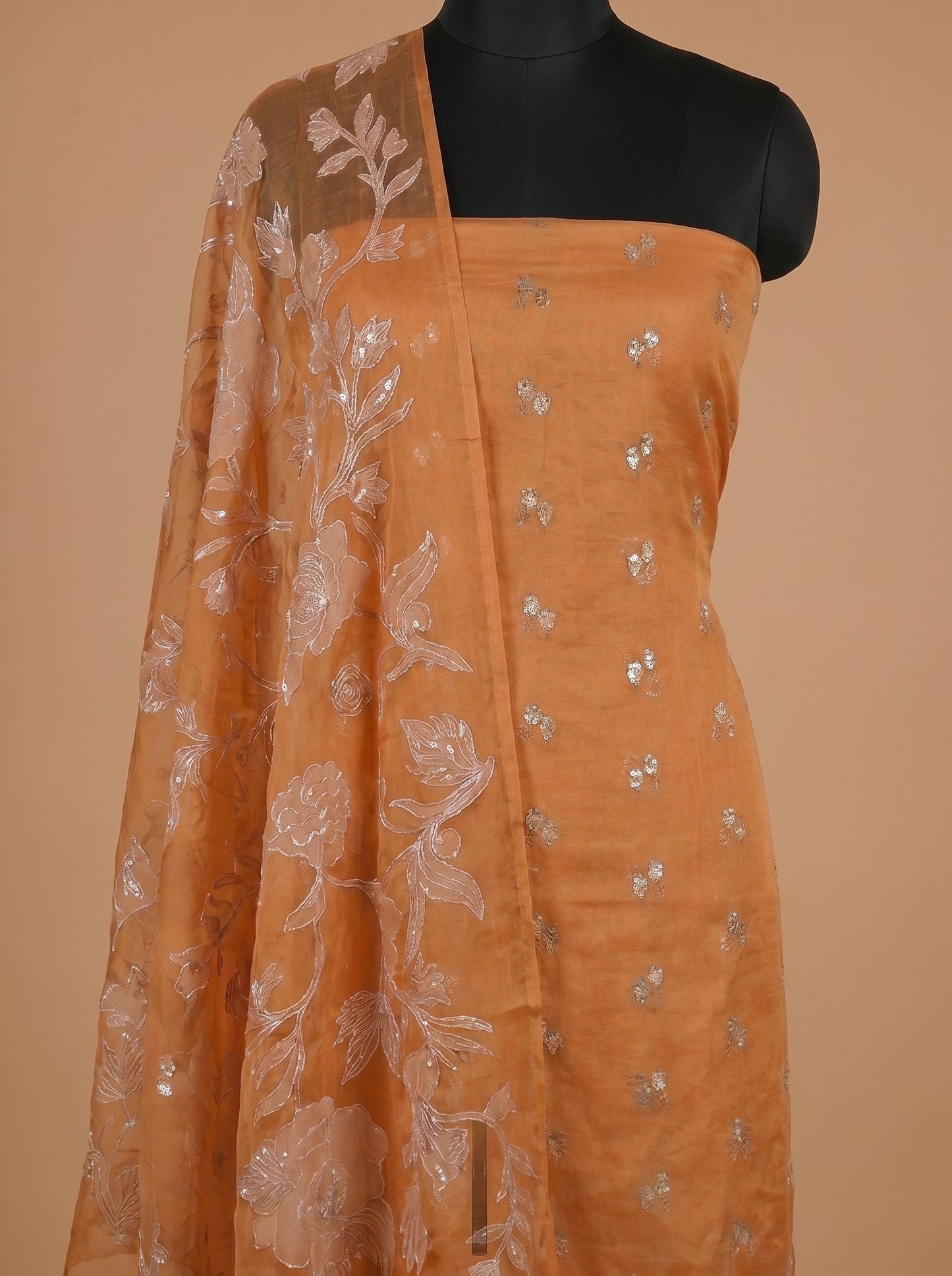 Rust Orange Chanderi Silk Unstitched Suit Set with Floral Organza Dupatta