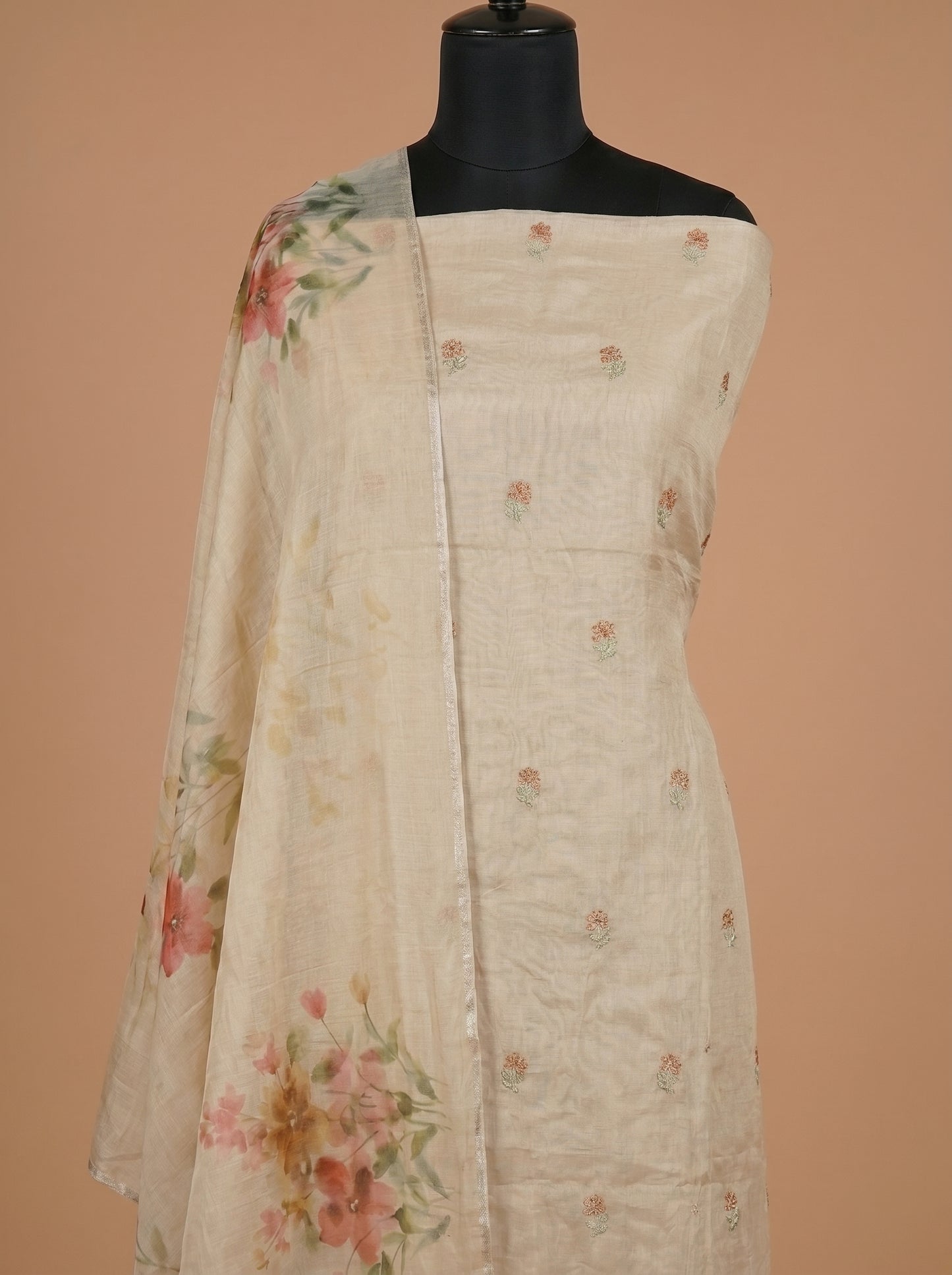 Beige Mulmul Cotton Unstitched Suit Set with Floral Kota Dupatta