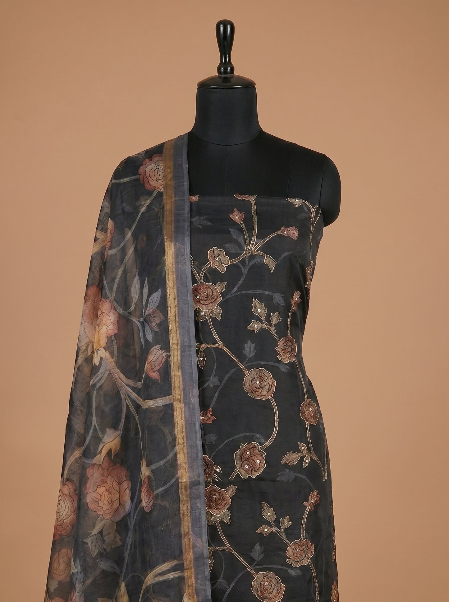 Midnight Blue Printed Organza Unstitched Salwar Kameez
