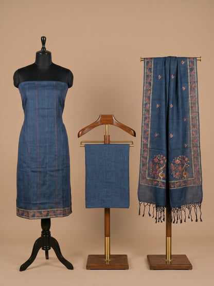 Navy Blue Kantha Embroidered Tussar Silk Unstitched Salwar Kameez